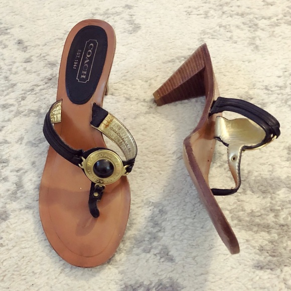 Coach Shoes - Gold & black leather Coach wooden heel sandals